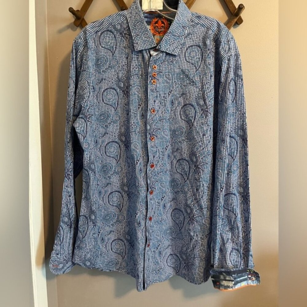 Au Noir paisley floral blue dress shirt with contrasting cuffs quality L